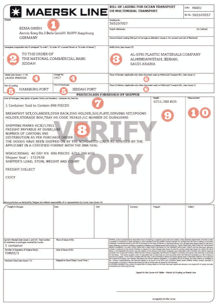 example of a Bill of Lading