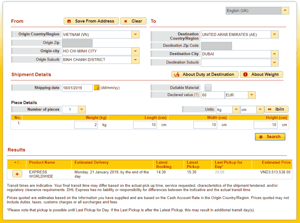 DHL quote to UAE