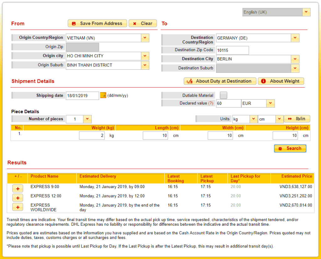 DHL quote to germany