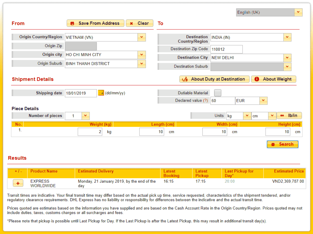 DHL quote to India