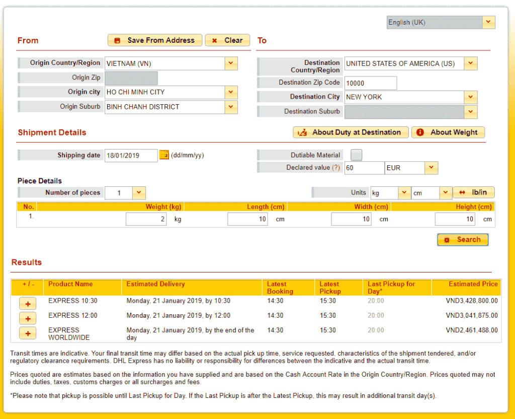 DHL quote to USA