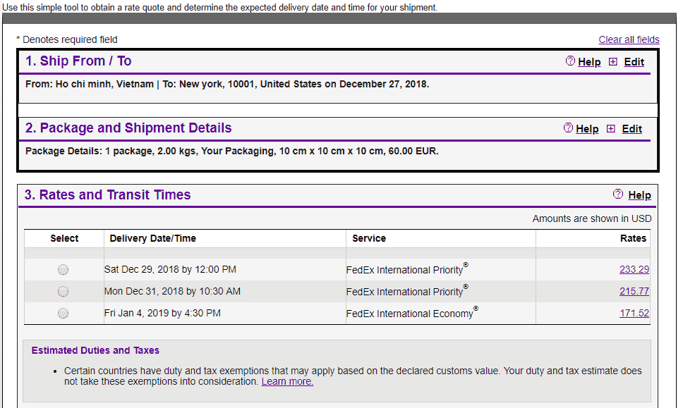 Fedex quote to USA