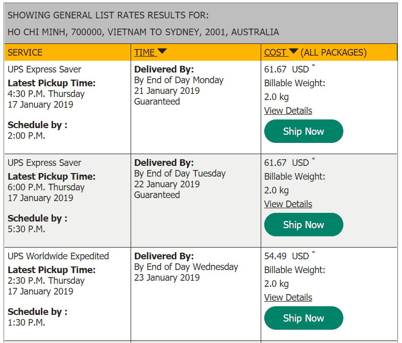 UPS quote to Australia