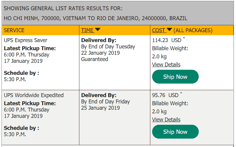 UPS quote to Brazil