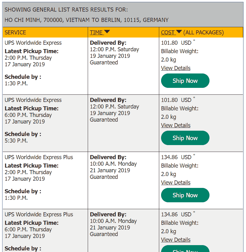 UPS quote to germany