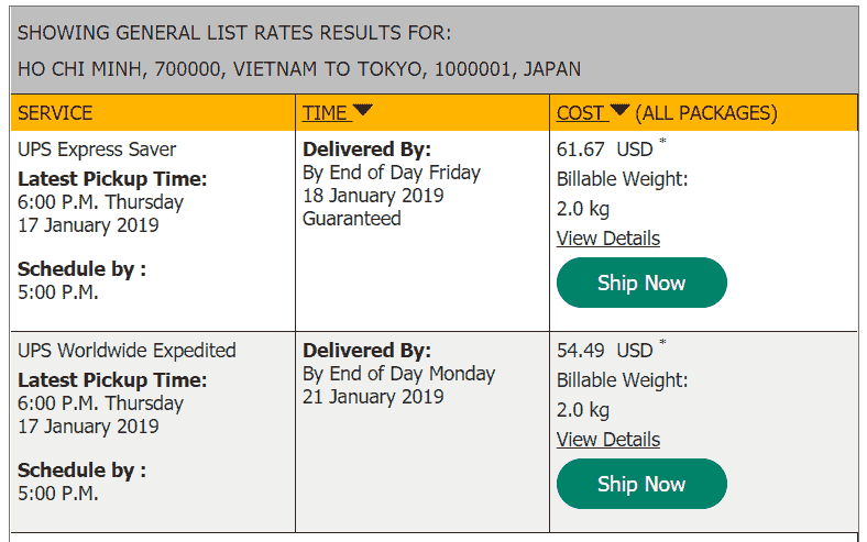 UPS quote to Japan