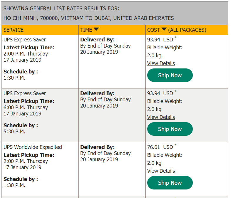 UPS quote to UAE