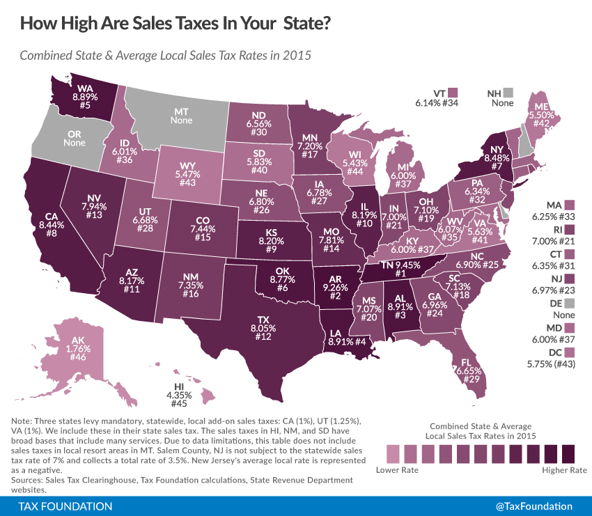 map of the sales tax in the US