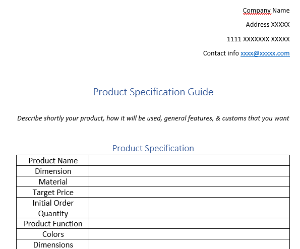 Product Specification Sheet Example